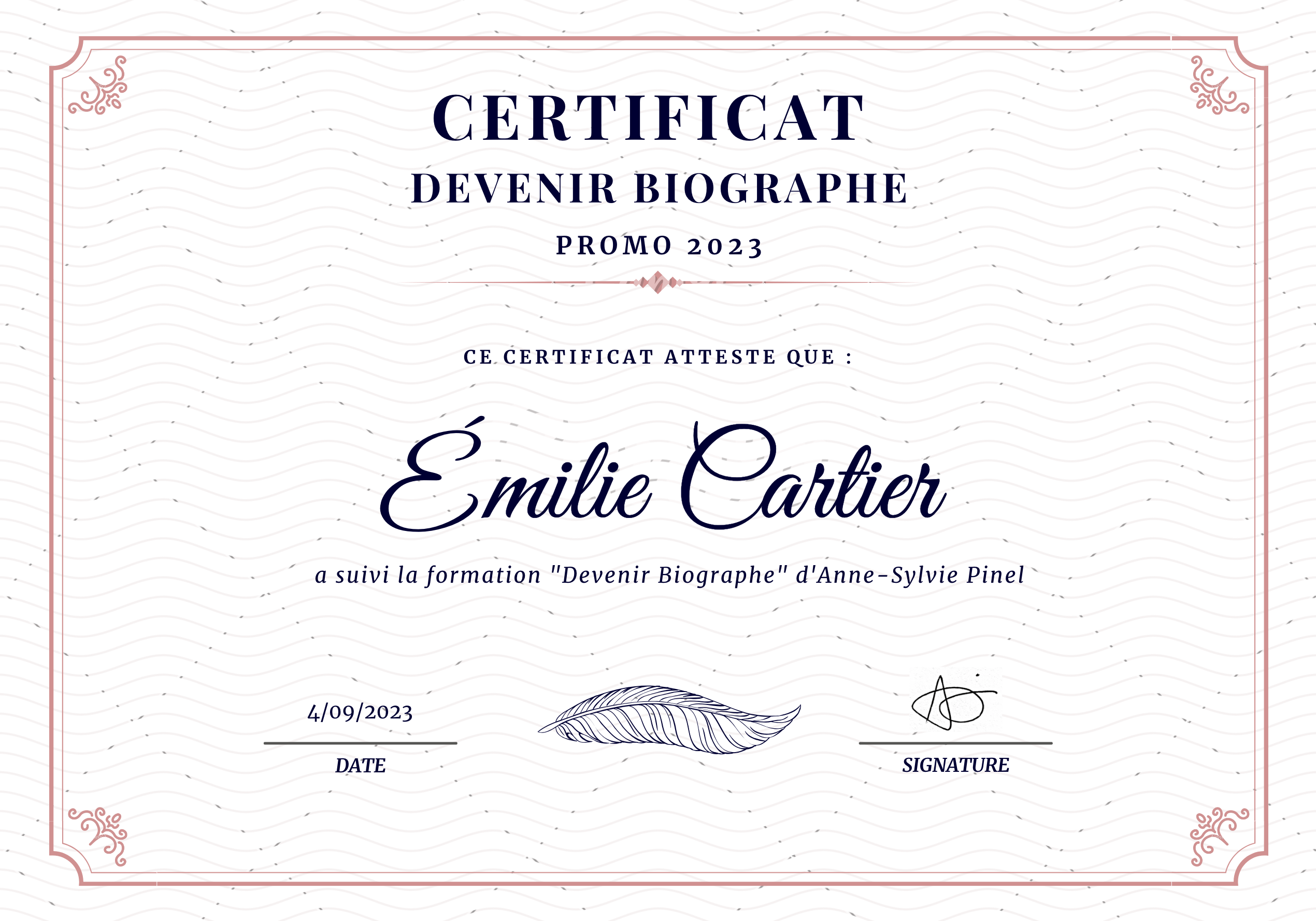 Certificat de biographe d'Emilie Cartier